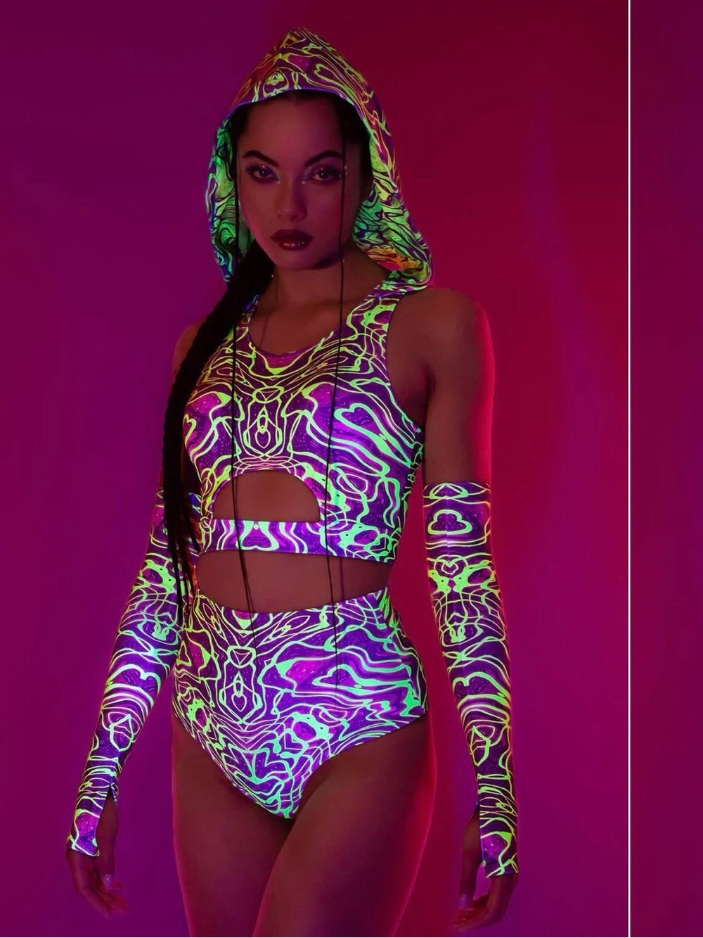 Neon Cutout Hooded Bodysuit in Purple & Green